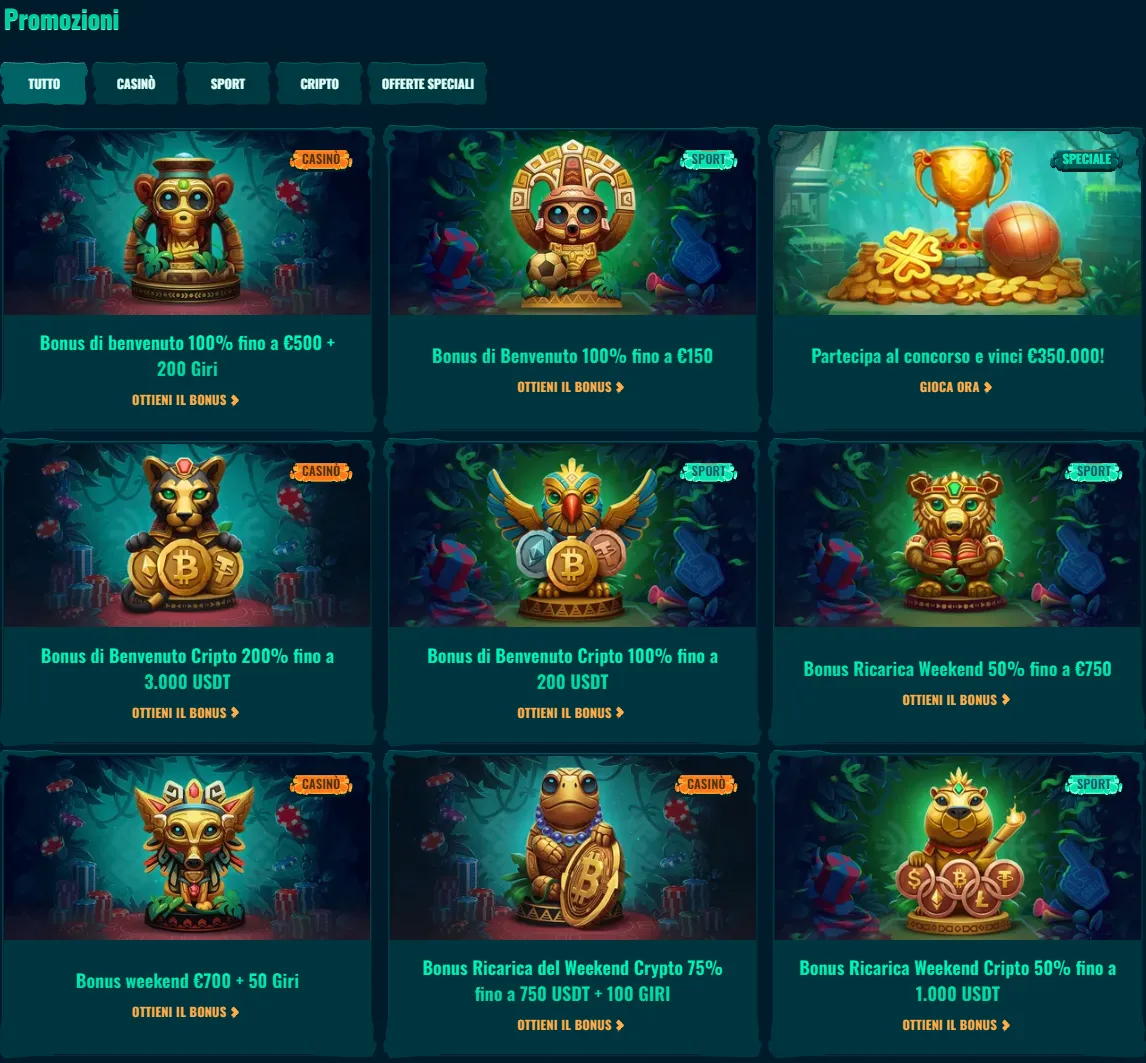 Bonus casino, sport e crypto disponibili su Spinanga