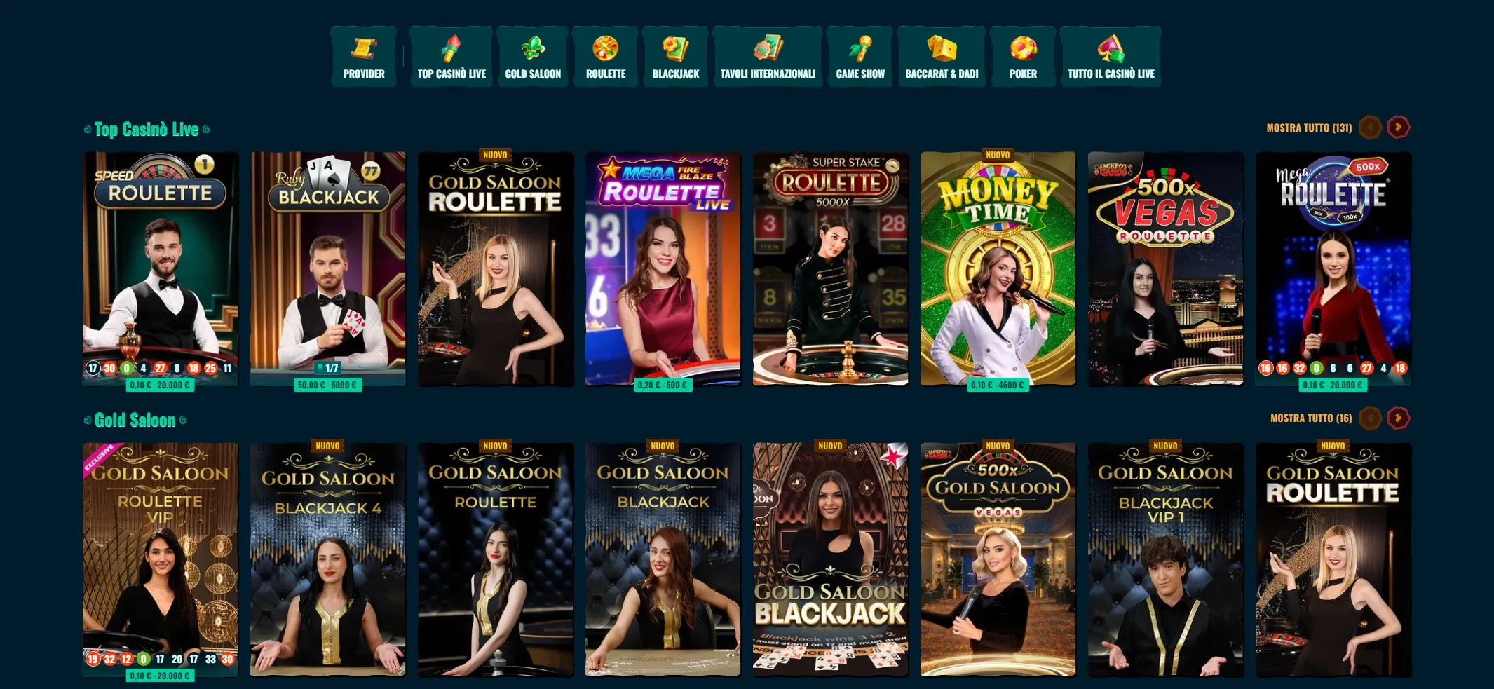 Tavoli live del casinò Spinanga online