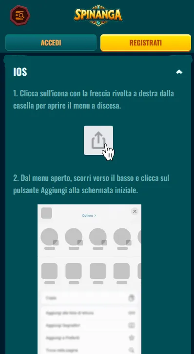 Scorciatoia Spinanga sulla schermata iniziale