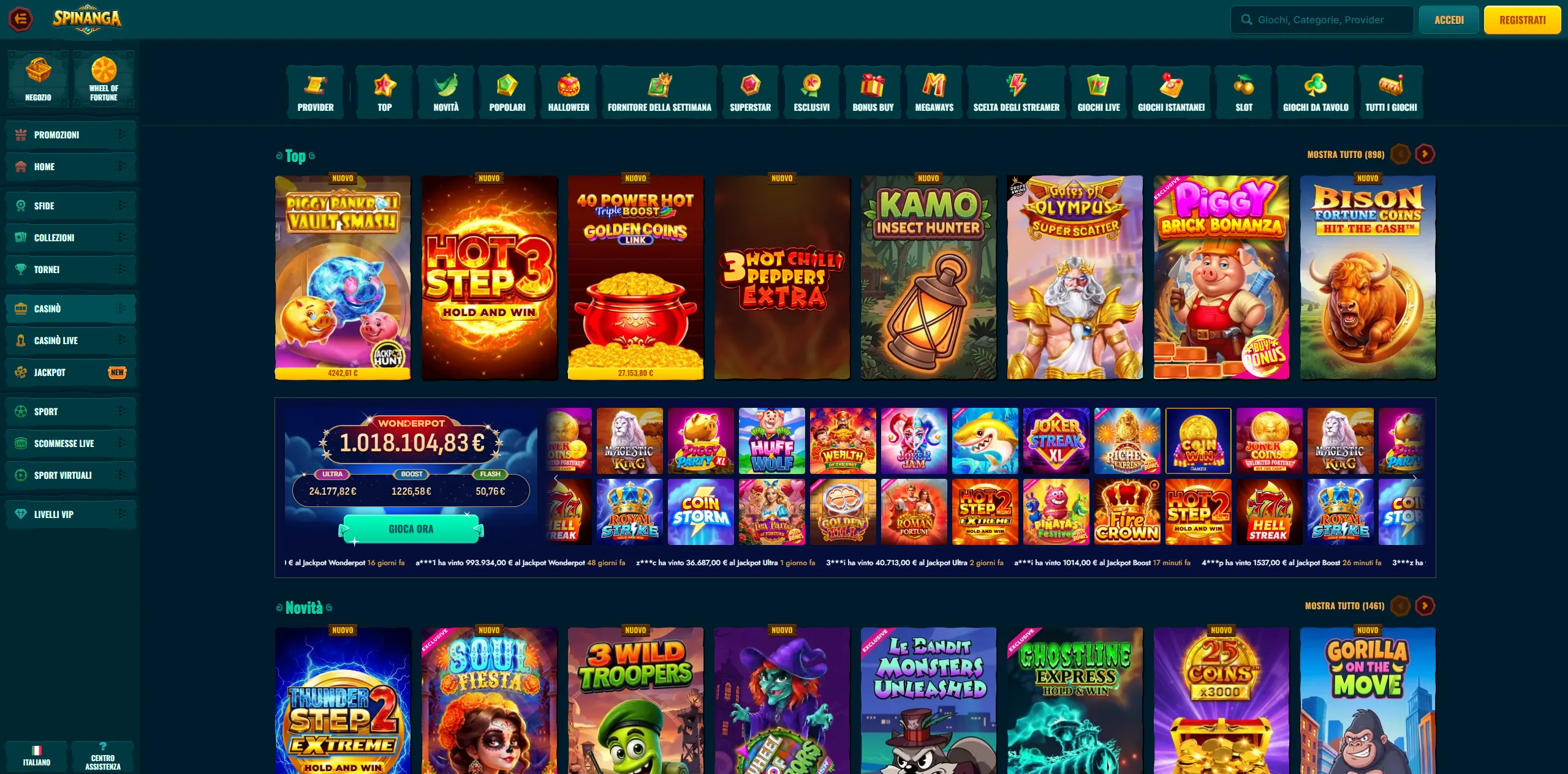 Panoramica delle categorie del casinò Spinanga online